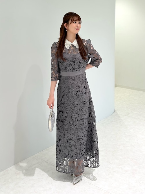 LEJA】花柄レースビジューカラーAラインドレスワンピース美脚