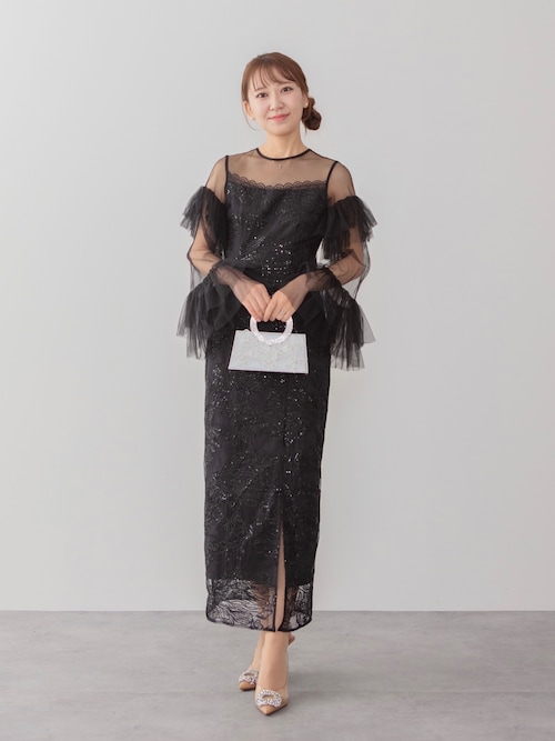 セール】【LEJA】フリルチュールスリーブレースIラインワンピース