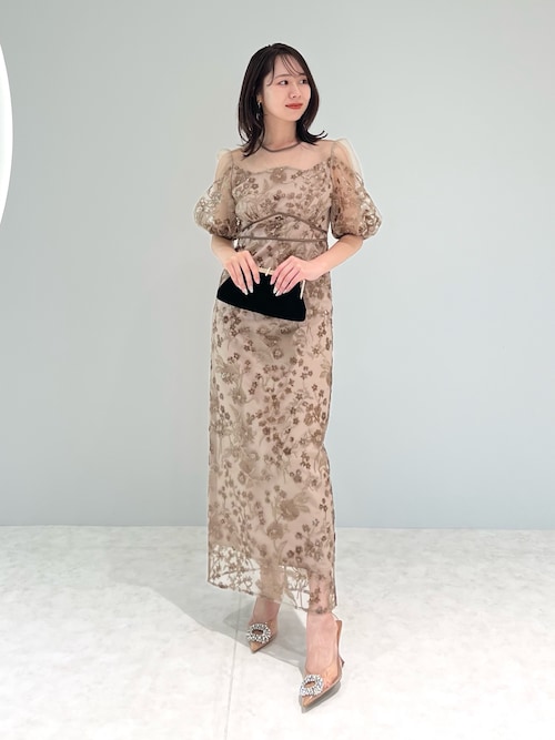 LEJA】フラワーディテールパフスリーブIラインワンピースドレス美脚