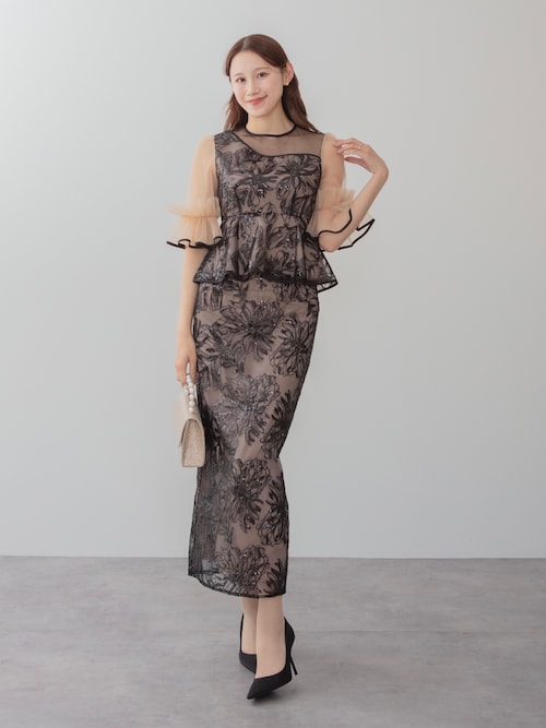 セール】【LEJA】アシンメトリーシアーフラワースパンコールフリル