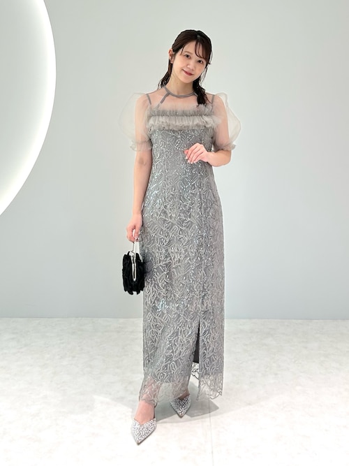 LEJA】チュールフラワースパンコールIラインワンピースドレス美脚効果