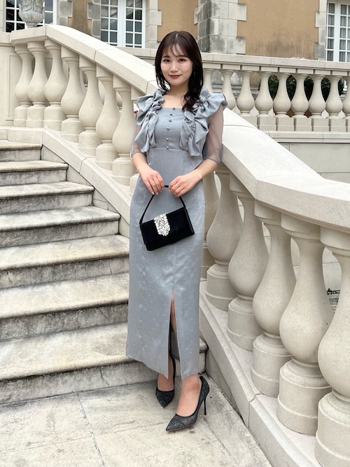 Leja フリルショルダーストーンIラインドレス Leja｜LEJA-フリルショルダーストーンIラインワンピースドレス