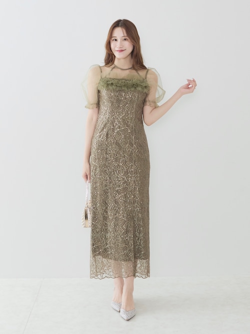 【LEJA】新品未使用 ボリュームチュールワンピースカーキ結婚式オケージョン LEJA】チュールフラワースパンコールIラインワンピースドレス美脚効果