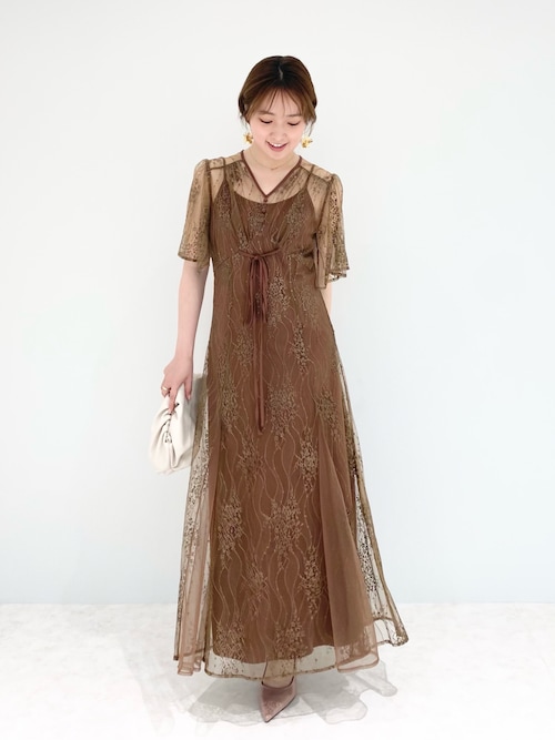 LEJA】総レースシースルーショルダー袖リボンウエストマークプリーツ