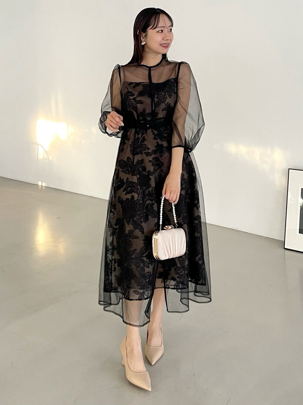 LEJA】チュールパイピングリーフベルトAラインドレスワンピース 2点