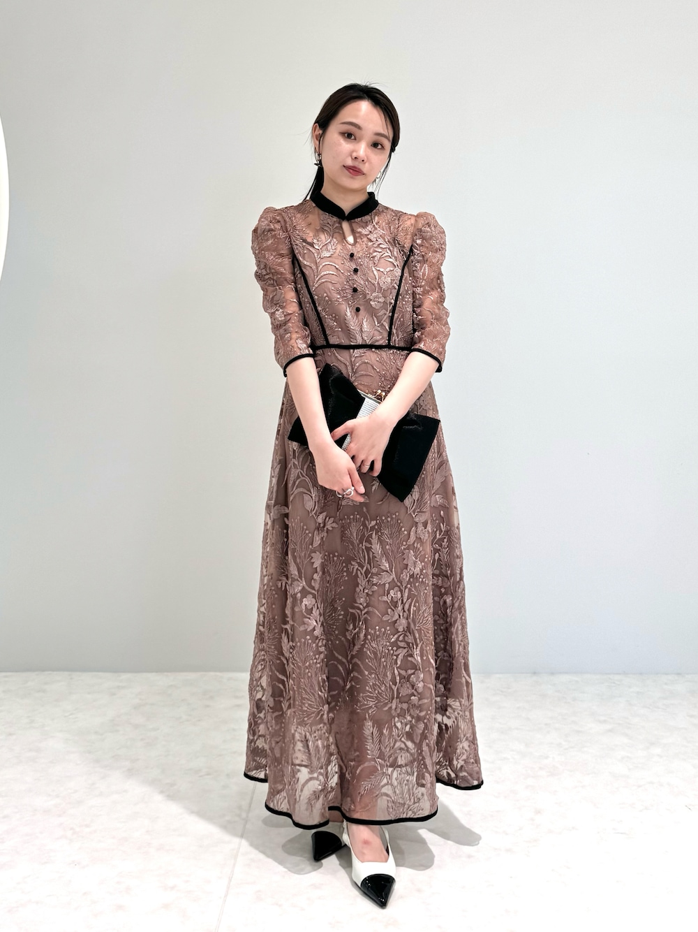 花柄チュールパフスリーブワンピースロングドレス