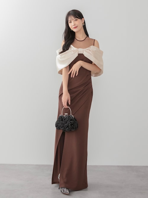 セール】【LEJA LUXE】ビッグリボンシアーショルダードレープロング