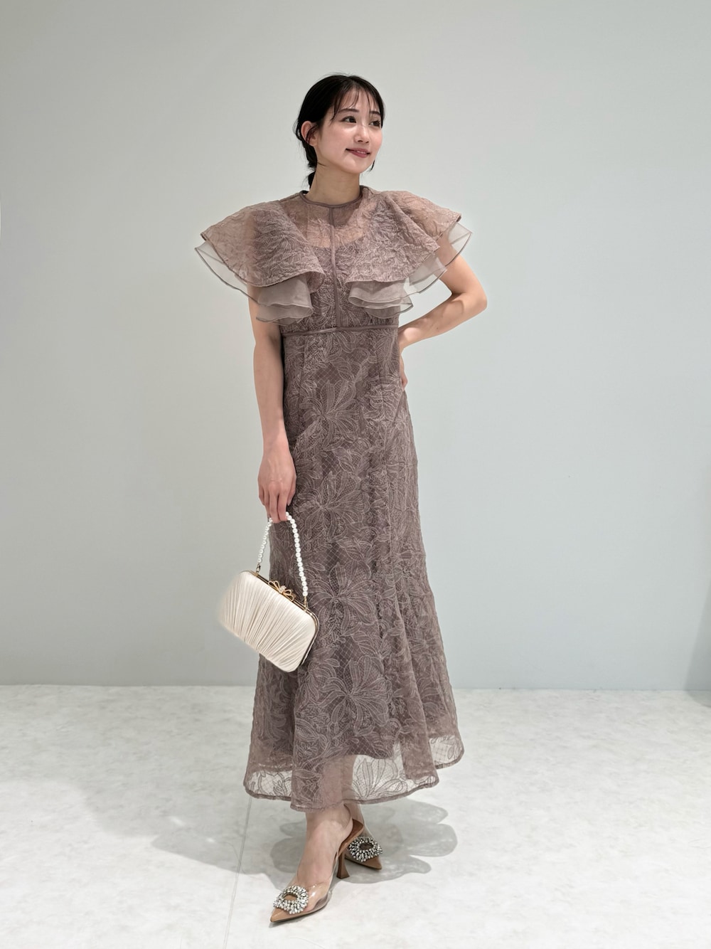 LEJA】フリル半袖シアーレース花柄刺繍ウエストマークマーメイド