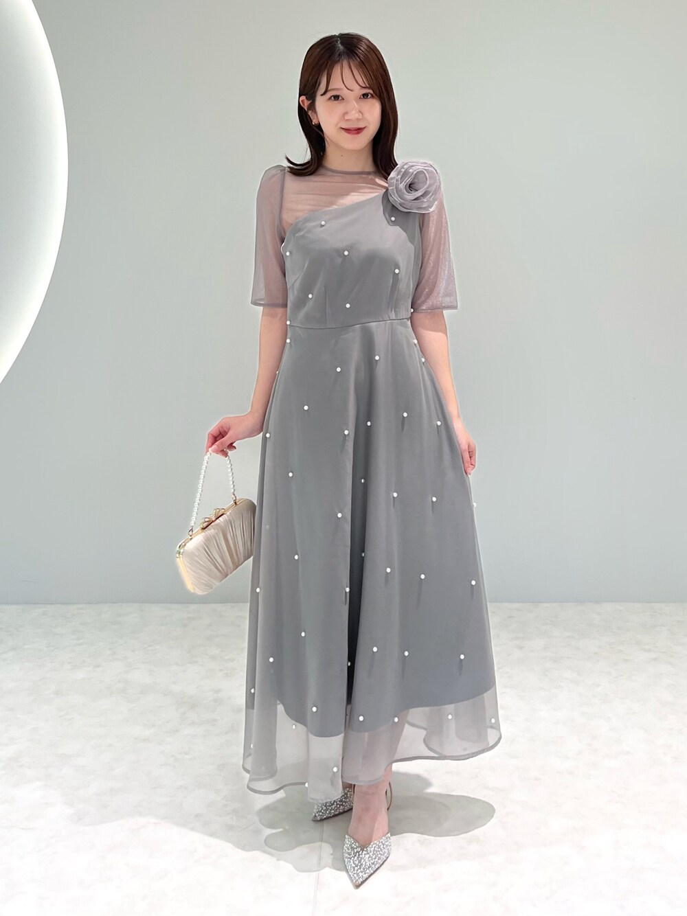 LEJA】パールアシンメトリーローズモチーフAラインドレスワンピース 3