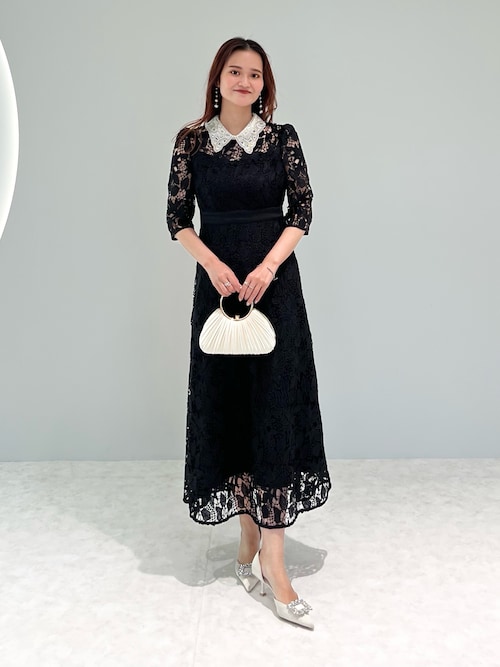 LEJA】花柄レースビジューカラーAラインドレスワンピース美脚効果結婚