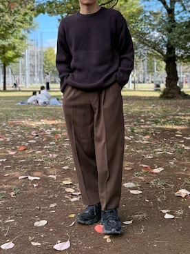 「アイテム（スラックス、グリーン系）」を使った、MOUさん（メンズ・166cm）の秋コーディネート