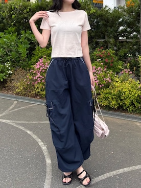 「ems excite（エムズエキサイト）のビジューロゴTEE（Tシャツ/カットソー、ピンク系）」を使った、emsexcite　/　エムズエキサイトさん（レディース・168cm）の夏コーディネート