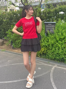 「ems excite（エムズエキサイト）のビジューロゴTEE（Tシャツ/カットソー、ピンク系）」を使った、emsexcite　/　エムズエキサイトさん（レディース・168cm）の夏コーディネート