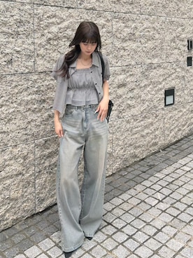 「ems excite（エムズエキサイト）のレース付きワイドデニムパンツ（デニムパンツ、ブルー系）」を使った、emsexcite　/　エムズエキサイトさん（レディース・170cm）の夏コーディネート