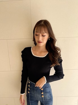 「LIPSERVICE（リップサービス）の2wayストラップパワショルニット（ニット/セーター、ブラック系）」を使った、suzuさん（レディース・163cm）の冬コーディネート