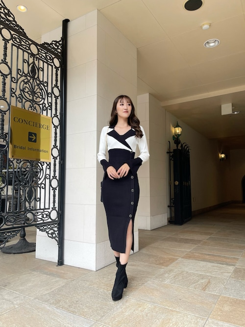 LIP SERVICE バイカラークラシカルボタンリブワンピース ミックスM