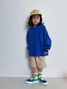 「GU（ジーユー）のアイテム（Tシャツ/カットソー、ブルー系）」を使った、KeeeTさん（キッズ・120cm）の春コーディネート