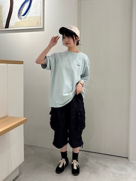 「CANAL JEAN（キャナルジーン）のTwelve12　GRNRY Tシャツ（Tシャツ/カットソー、ブルー系）」を使った、ayumiさん（レディース・157cm）の夏コーディネート