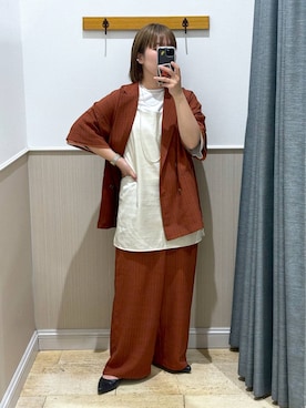 「LEPSIM（レプシィム）の《リネンライクドライシリーズ》ギャザーワイドパンツ　638911（その他パンツ、ブラウン系）」を使った、つちさん（レディース・160cm）の春コーディネート