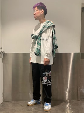 「WHITELAND（ホワイトランド）のWHITELAND/ホワイトランド/クリア伊達メガネ（サングラス）」を使った、山田 統生さん（メンズ・182cm）の夏コーディネート