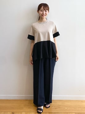 「OPAQUE.CLIP（オペークドットクリップ）の◆ペプラム切替ドッキングトップス【洗濯機洗い可】（Tシャツ/カットソー）」を使った、みさかさん（レディース・158cm）の夏コーディネート