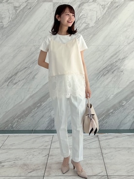 「index（インデックス）のフロントロゴ刺繍Tシャツ【洗濯機OK/接触冷感/UVケア】《S-3L/7col》（Tシャツ/カットソー、ホワイト系）」を使った、みさかさん（レディース・158cm）の春コーディネート