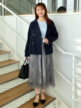 「アイテム（トレンチコート、ブルー系）」を使った、みさかさん（レディース・158cm）の冬コーディネート