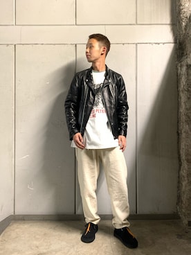 「MANASTASH」｜「アイテム（ライダースジャケット）」を使った、しょーまさん（メンズ・169cm）の春コーディネート