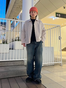 「JOURNAL STANDARD relume（ジャーナルスタンダード　レリューム）のINDIA COTTON ”チェッカー” クロシェシャツ（シャツ/ブラウス、オレンジ系）」を使った、わたしょさん（メンズ・166cm）の春コーディネート
