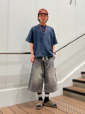 「JOURNAL STANDARD relume（ジャーナルスタンダード　レリューム）のスモーキーデニム 11oz フェード ショーツ（その他パンツ、ブラック系）」を使った、わたしょさん（メンズ・166cm）の夏コーディネート