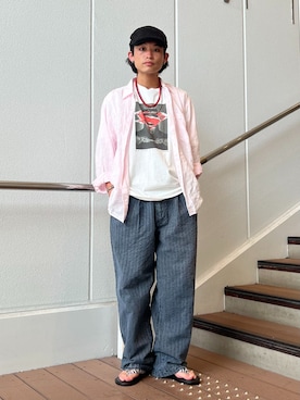 「JOURNAL STANDARD relume（ジャーナルスタンダード　レリューム）のガーメントダイ サッカーチェック イージーパンツ（その他パンツ、ブルー系）」を使った、わたしょさん（メンズ・166cm）の夏コーディネート