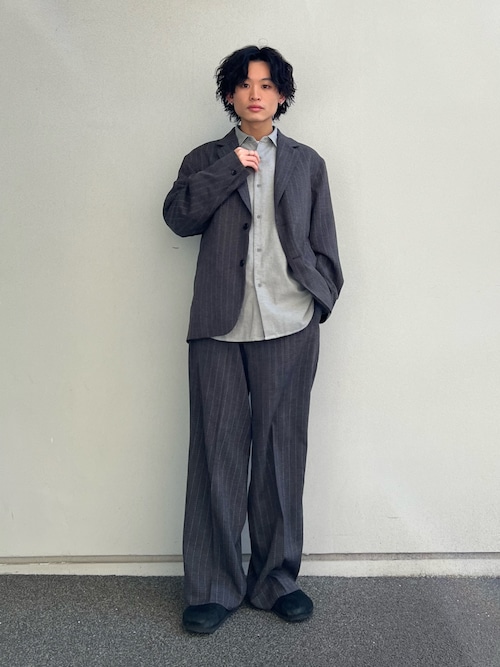 ウォッシャブル バスケット ストライプ ワイドスラックス(セットアップ