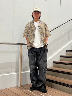 「JOURNAL STANDARD relume（ジャーナルスタンダード　レリューム）の＜Relume Jeans＞リメイク ライトオンス デニムペインターパンツ（デニムパンツ、ブラック系）」を使った、わたしょさん（メンズ・166cm）の夏コーディネート