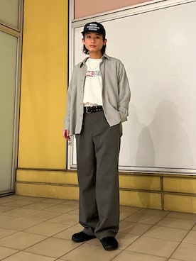 「JOURNAL STANDARD relume（ジャーナルスタンダード　レリューム）のリネンブレンド メランジドビー シャツ（シャツ/ブラウス、ホワイト系）」を使った、わたしょさん（メンズ・166cm）の春コーディネート