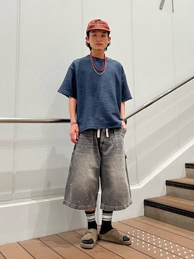 「JOURNAL STANDARD relume（ジャーナルスタンダード　レリューム）のブークレ ジャガード ニットソー（Tシャツ/カットソー、ブルー系）」を使った、わたしょさん（メンズ・166cm）の夏コーディネート