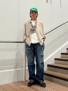 「JOURNAL STANDARD relume（ジャーナルスタンダード　レリューム）の＜Relume Jeans＞リメイク ライトオンス デニムペインターパンツ（デニムパンツ、ブルー系）」を使った、わたしょさん（メンズ・166cm）の夏コーディネート