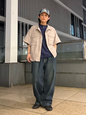 「JOURNAL STANDARD relume（ジャーナルスタンダード　レリューム）のパナマ ファティーグ 半袖シャツ（シャツ/ブラウス、グレー系）」を使った、わたしょさん（メンズ・166cm）の春コーディネート