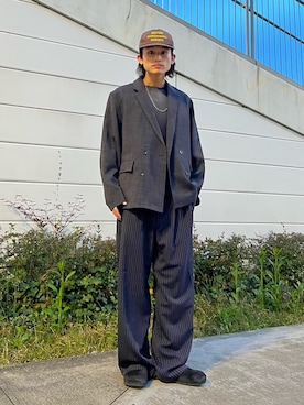 「JOURNAL STANDARD relume（ジャーナルスタンダード　レリューム）のテックキャンバス  ダブルプレスト ジャケット(セットアップ対応可能)（テーラードジャケット、ブラック系）」を使った、わたしょさん（メンズ・166cm）の春コーディネート
