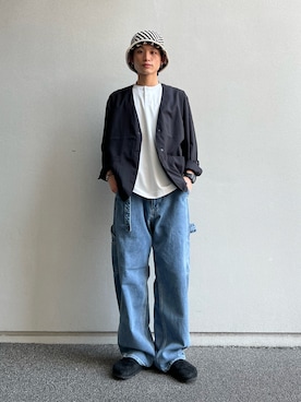 「アイテム（ノーカラージャケット）」を使った、わたしょさん（メンズ・166cm）の夏コーディネート