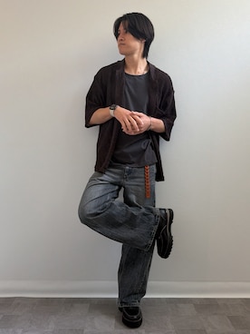 「WYM LIDNM（ウィム バイ リドム）のCURVED FLARE DENIM SLACKS（デニムパンツ、ブルー系）」を使った、Yukiさん（メンズ・171cm）の春コーディネート