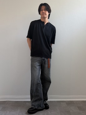 「WYM LIDNM（ウィム バイ リドム）のCURVED FLARE DENIM SLACKS（デニムパンツ、ブルー系）」を使った、Yukiさん（メンズ・171cm）の春コーディネート