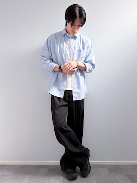 「WYM LIDNM（ウィム バイ リドム）のEXTRA FINE COTTON BASIC TEE -SLIM CROPPED FIT-（Tシャツ/カットソー、ホワイト系）」を使った、Yukiさん（メンズ・171cm）の夏コーディネート