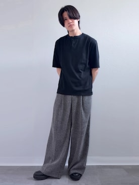 「WYM LIDNM（ウィム バイ リドム）のBREEZE TWEED DEEP TUCK BAGGY SLACKS（スラックス、グレー系）」を使った、Yukiさん（メンズ・171cm）の春コーディネート