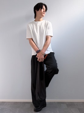 「WYM LIDNM（ウィム バイ リドム）の【WYM LIDNM】HEAVY WEIGHT BASIC BIG-TEE/カットソー（Tシャツ/カットソー、ホワイト系）」を使った、Yukiさん（メンズ・171cm）の夏コーディネート