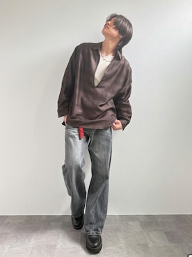 「LIDNM（リドム）のSILK TENCEL BORDER VAREUSE（シャツ/ブラウス、ブラウン系）」を使った、Yukiさん（メンズ・171cm）の春コーディネート