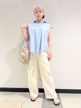 「DRESSTERIOR（ドレステリア）のフレンチスリーブ スキッパーブラウス（シャツ/ブラウス、ブルー系）」を使った、あき／ドレステリア柏高島屋SC店さん（レディース・160cm）の夏コーディネート