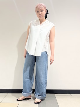 「DRESSTERIOR（ドレステリア）のフレンチスリーブ スキッパーブラウス（シャツ/ブラウス、ホワイト系）」を使った、あき／ドレステリア柏高島屋SC店さん（レディース・160cm）の夏コーディネート