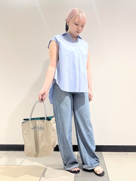 「DRESSTERIOR（ドレステリア）のフレンチスリーブ スキッパーブラウス（シャツ/ブラウス、ブルー系）」を使った、あき／ドレステリア柏高島屋SC店さん（レディース・160cm）の夏コーディネート