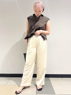 「DRESSTERIOR（ドレステリア）のフレンチスリーブ スキッパーブラウス（シャツ/ブラウス、ブラウン系）」を使った、あき／ドレステリア柏高島屋SC店さん（レディース・160cm）の夏コーディネート