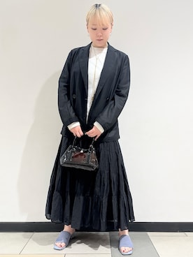 「DRESSTERIOR（ドレステリア）の【セットアップ可/吸水速乾/ウォッシャブル】リネンブレンドオックスダブルジャケット（テーラードジャケット、ブルー系）」を使った、あき／ドレステリア柏高島屋SC店さん（レディース・160cm）の夏コーディネート